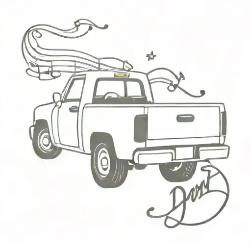 pickup truck with don't stop believing and music notes coming from window  tattoo design idea