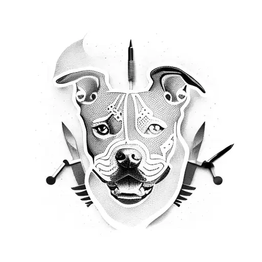 A dotwork tattoo of a Staffordshire Bull Terrier with various work tools tattoo design idea