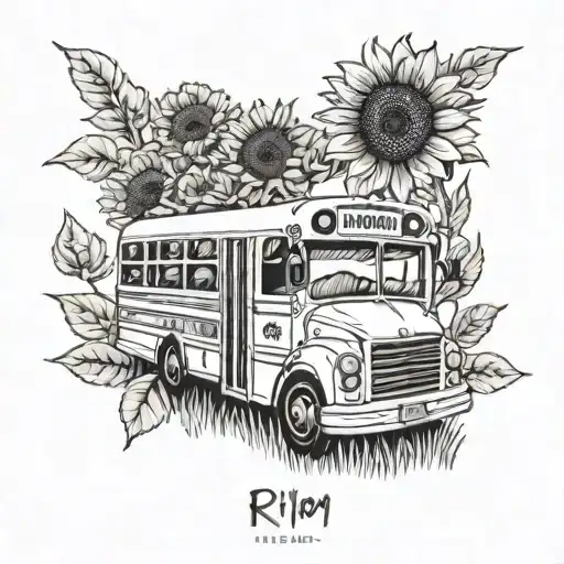 A school bus driving through a field of sunflowers with 'RIP MOM' written in elegant script on the side of the bus tattoo design idea