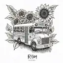 A school bus driving through a field of sunflowers with 'RIP MOM' written in elegant script on the side of the bus tattoo design idea
