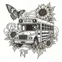 A school bus driving through a field of sunflowers with 'RIP MOM' written in elegant script on the side of the bus tattoo design idea
