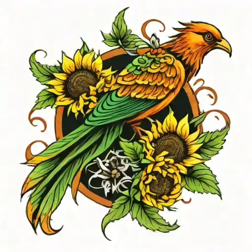 phoenix bird with sunflowers long greens stems tattoo design idea