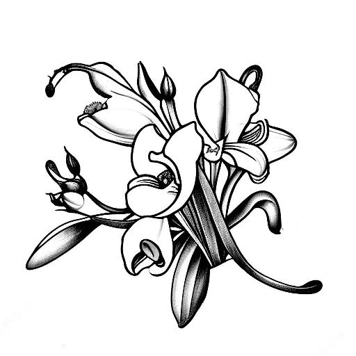 Rose, Lily of the valley, Snowdrop, Poppy, and Narcissus flower bouquet tattoo design idea
