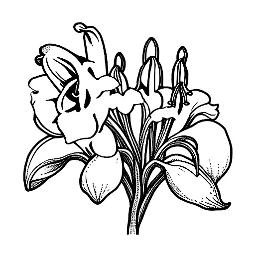 Rose, Lily of the valley, Snowdrop, Poppy, and Narcissus flower bouquet tattoo design idea