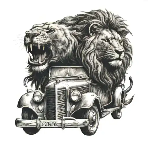 A car with a roaring lion head as the hood ornament tattoo design idea