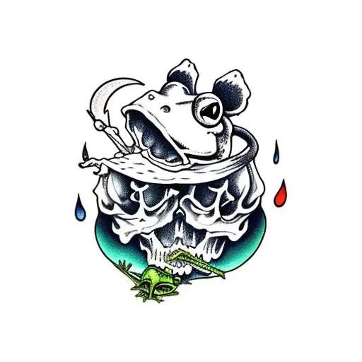 Frog sitting on skull smoking while playing a telecaster, with a skull crescent moon in background  tattoo design idea