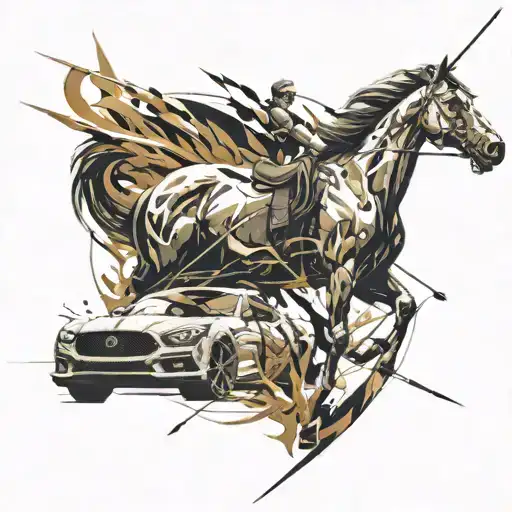 An abstract design combining elements of archery and wild horses, with a sleek sports car incorporated into the background tattoo design idea