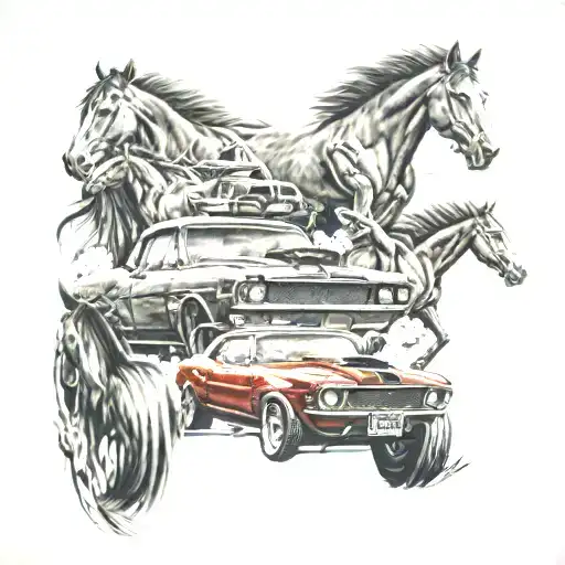 A detailed tattoo featuring a powerful American muscle car surrounded by wild horses running free, tir à l'arc  tattoo design idea