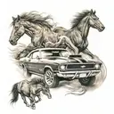 A detailed tattoo featuring a powerful American muscle car surrounded by wild horses running free tattoo design idea