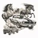 A detailed tattoo featuring a powerful American muscle car surrounded by wild horses running free tattoo design idea