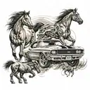 A detailed tattoo featuring a powerful American muscle car surrounded by wild horses running free tattoo design idea