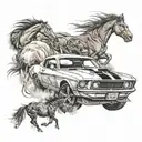 A detailed tattoo featuring a powerful American muscle car surrounded by wild horses running free tattoo design idea