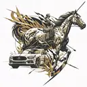 An abstract design combining elements of archery and wild horses, with a sleek sports car incorporated into the background tattoo design idea