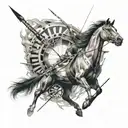 An abstract design combining elements of archery and wild horses, with a sleek sports car incorporated into the background tattoo design idea