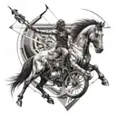 An abstract design combining elements of archery and wild horses, with a sleek sports car incorporated into the background tattoo design idea