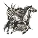 An abstract design combining elements of archery and wild horses, with a sleek sports car incorporated into the background tattoo design idea