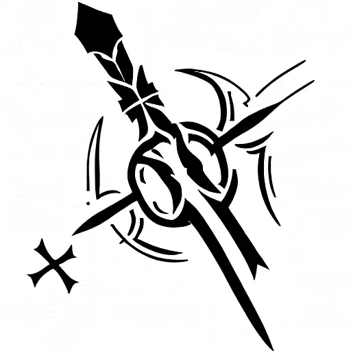 black line work of a shepards crook, a shield, a crown, and a cross.  tattoo design idea