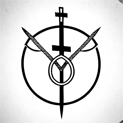 black line work of a shepards crook, a shield, a crown, and a cross in sequential order tattoo design idea