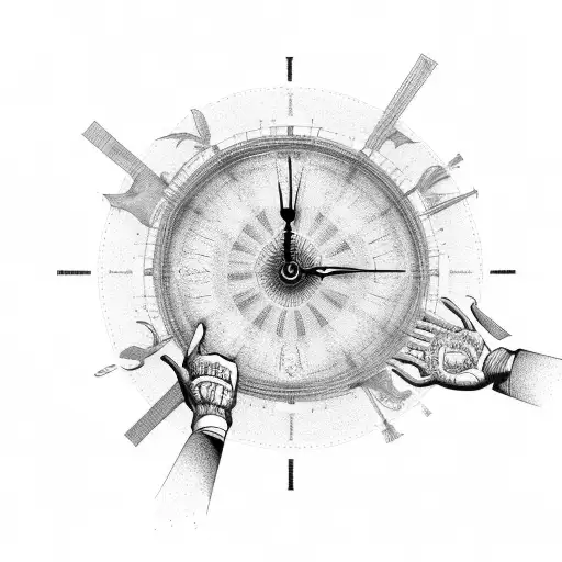 Big clock with hands spinning fast and a man trying to reach it tattoo design idea