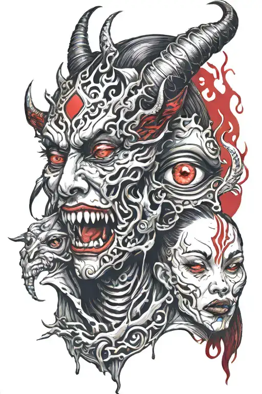demon with red eyes and a Chinese girl crying eye tattoo design idea