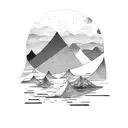 Ocean mountains trees tattoo design idea