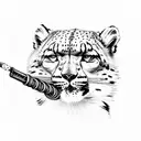 A snow leopard in military uniform holding a lightsaber, with a fishing hook hanging from its belt tattoo design idea