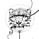 A snow leopard in military uniform holding a lightsaber, with a fishing hook hanging from its belt tattoo design idea