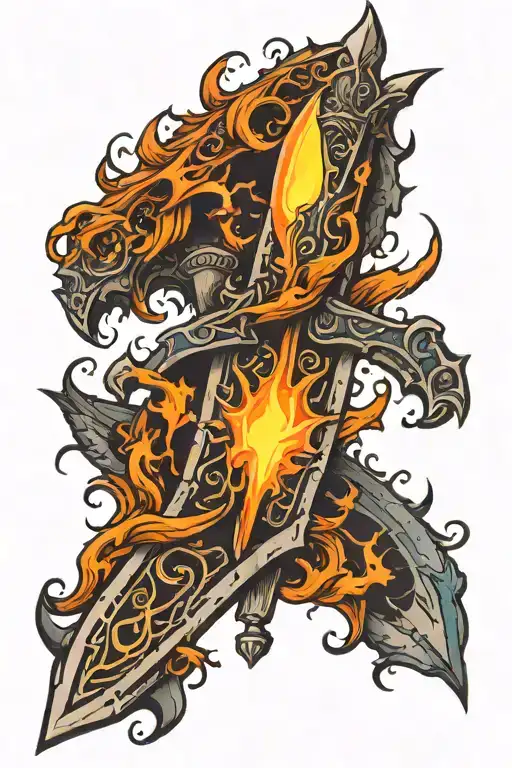 Create a image of a broken sword tattoo and red and orange flames from the back of the sword and the flames would go up  tattoo design idea