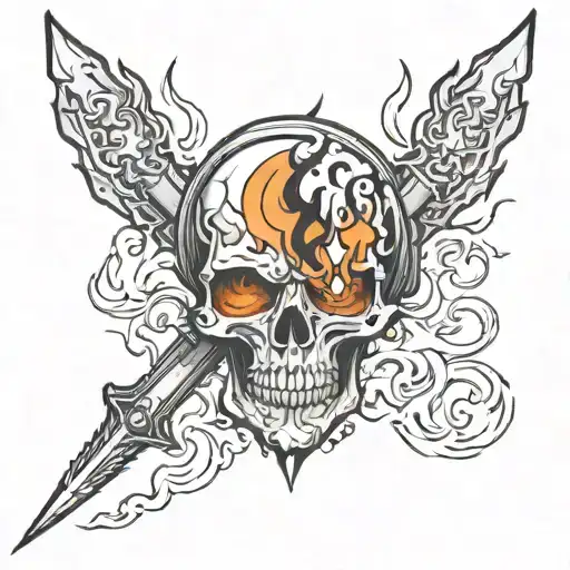 Create a image of a broken sword tattoo and red and orange flames from the back of the sword going upwards flames  tattoo design idea