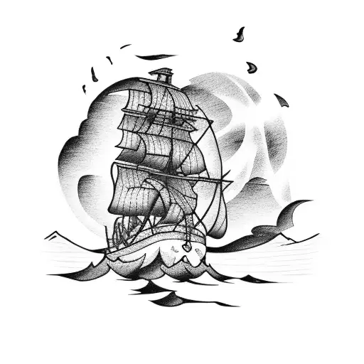 pirate ship in the storm in front of mountains and a sunset tattoo design idea