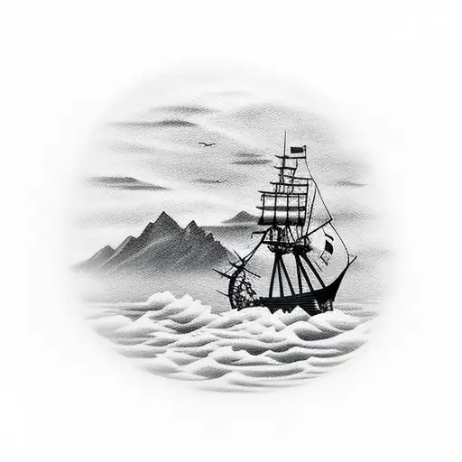 pirate ship in the storm in front of mountains and a sunset tattoo design idea