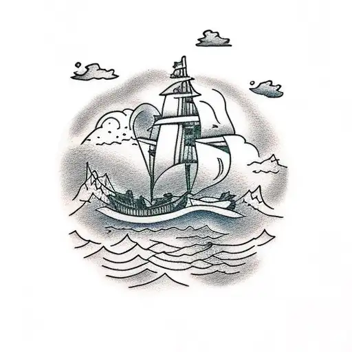 pirate ship in the storm in front of mountains and a sunset tattoo design idea