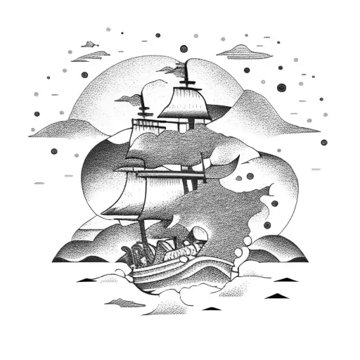 pirate ship in the storm in front of mountains and a sunset tattoo design idea