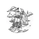 pirate ship in the storm in front of mountains and a sunset tattoo design idea