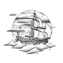 pirate ship in the storm in front of mountains and a sunset tattoo design idea