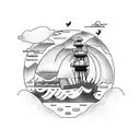 pirate ship in the storm in front of mountains and a sunset tattoo design idea