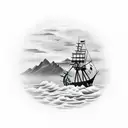 pirate ship in the storm in front of mountains and a sunset tattoo design idea