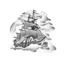 pirate ship in the storm in front of mountains and a sunset tattoo design idea