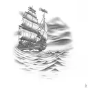pirate ship in the storm in front of mountains and a sunset tattoo design idea