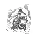 pirate ship in the storm in front of mountains and a sunset tattoo design idea