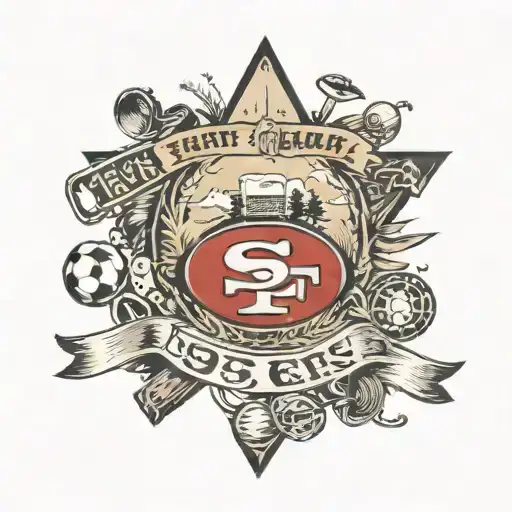A traditional tattoo of a football field with the 49ers logo, surrounded by symbols of family bonding and outdoor adventures like hiking and cycling tattoo design idea