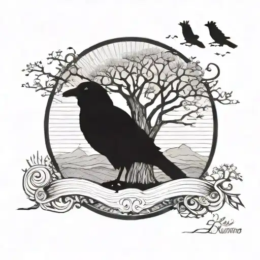 a big tree. around it are the rings of saturn along which crows fly tattoo design idea