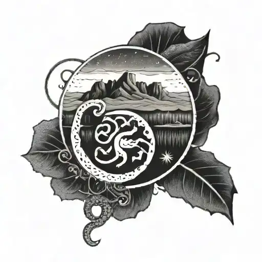 A dotwork tattoo of a stylized Scorpio symbol made up of interconnected crochet hooks and yarn, with the silhouette of Cape Town's Table Mountain in the background tattoo design idea
