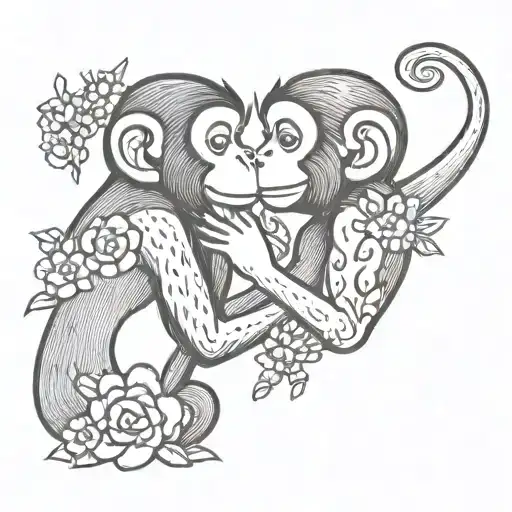 couples tattoo, with a monkey giving a bouquet of flower to another, and receiving a kiss tattoo design idea