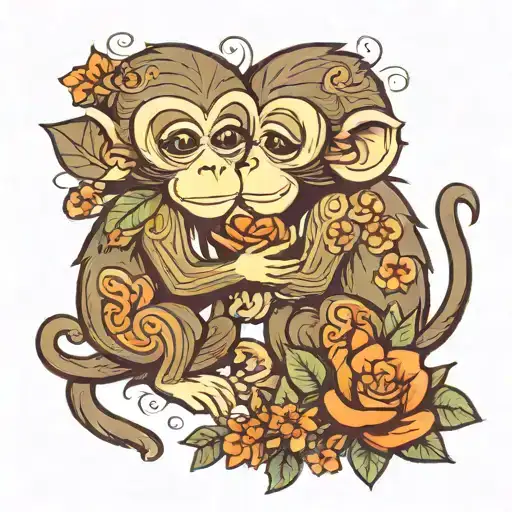two cute monkeys kissing each other giving flowers to eachother  tattoo design idea