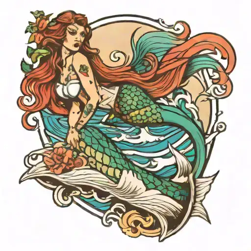 mermaid on the surf board tattoo design idea
