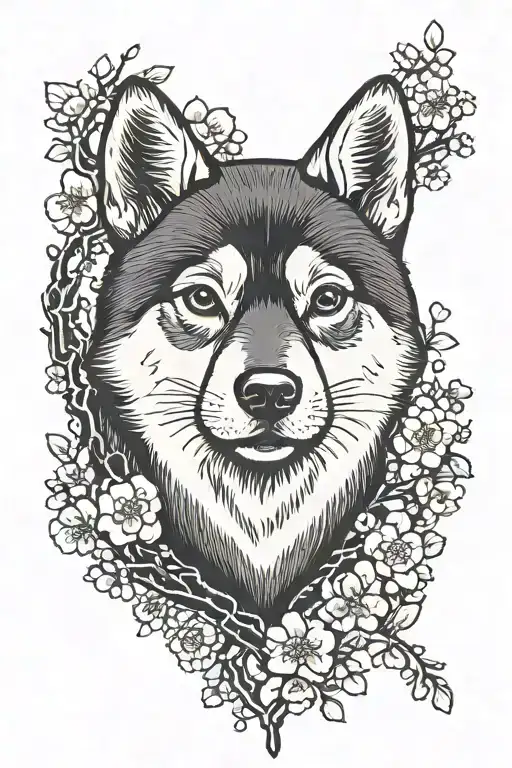 black and tan Shiba Inu dog Ruby heart gem cherry blossom tree  tattoo design idea