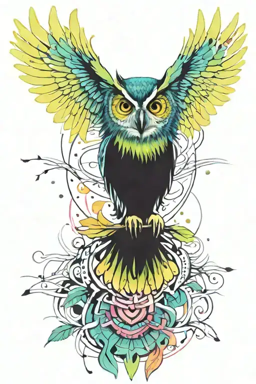 full body owl taking flight watercolour light blues yellows greens purples pinks greens tattoo design idea