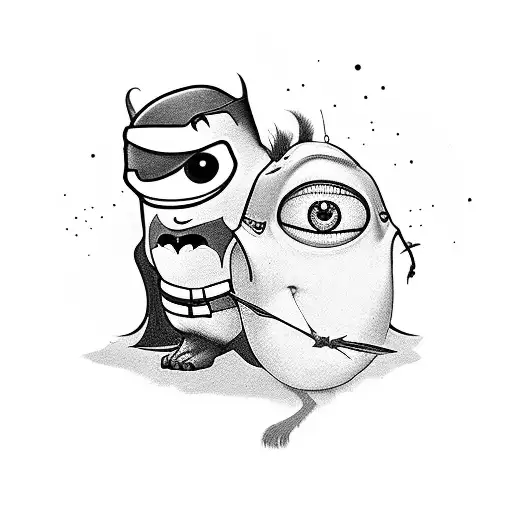 A mashup tattoo design of Batman and Mike Wazowski teaming up in a crime-fighting duo tattoo design idea