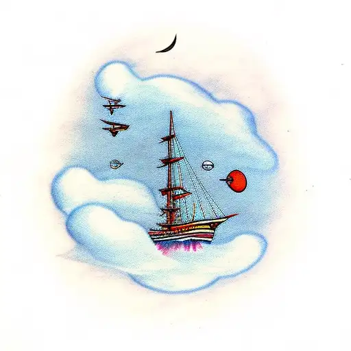 flying Sailing Ship emerging from clouds, birds tattoo design idea